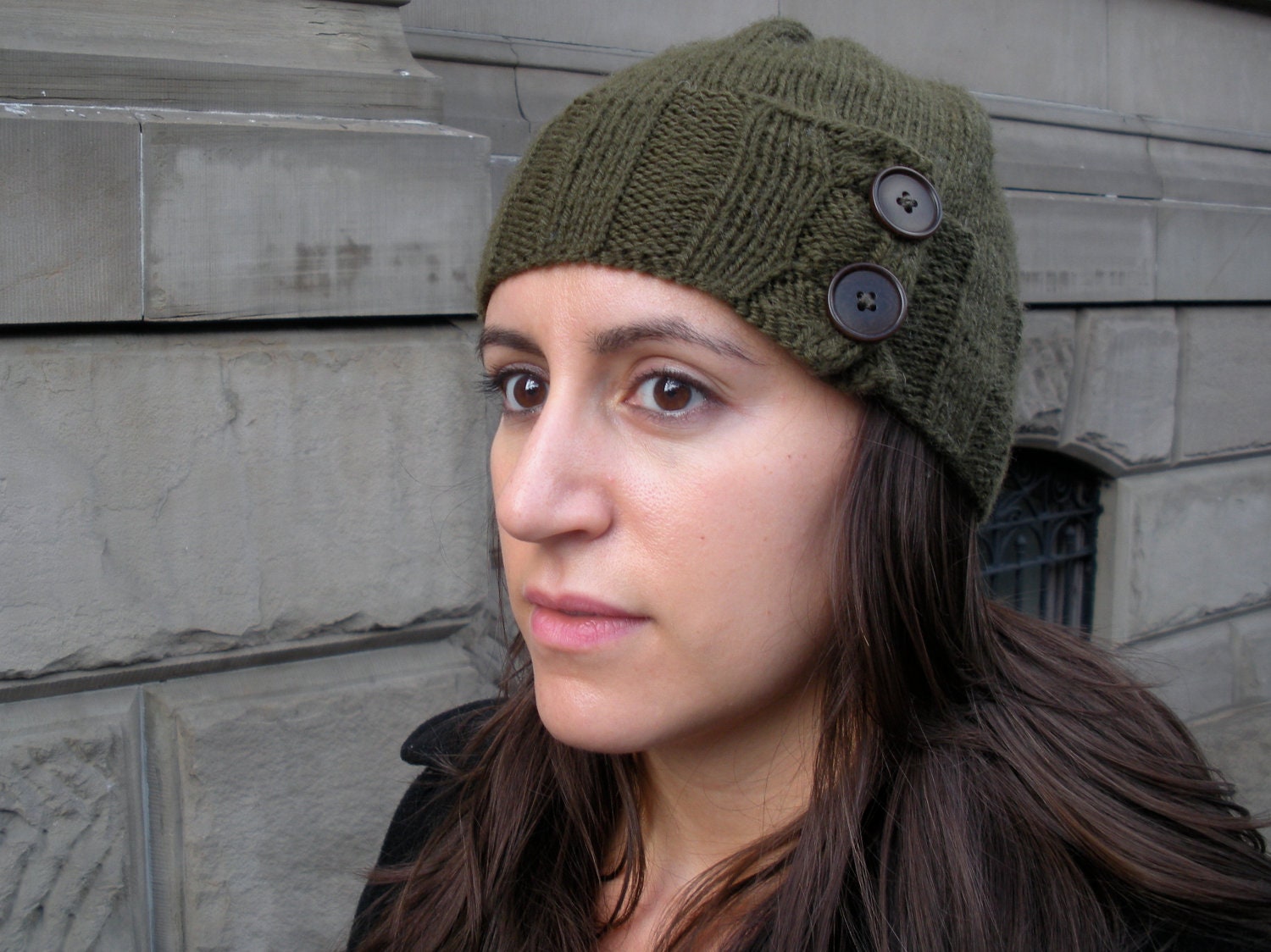 Knit "Eddy" Cap in Olive Green with Brown Buttons