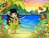 Kids Art Painting, beach decor, room decor " Hawaiian Sunset " Aceo Print 2.5 x 3.5