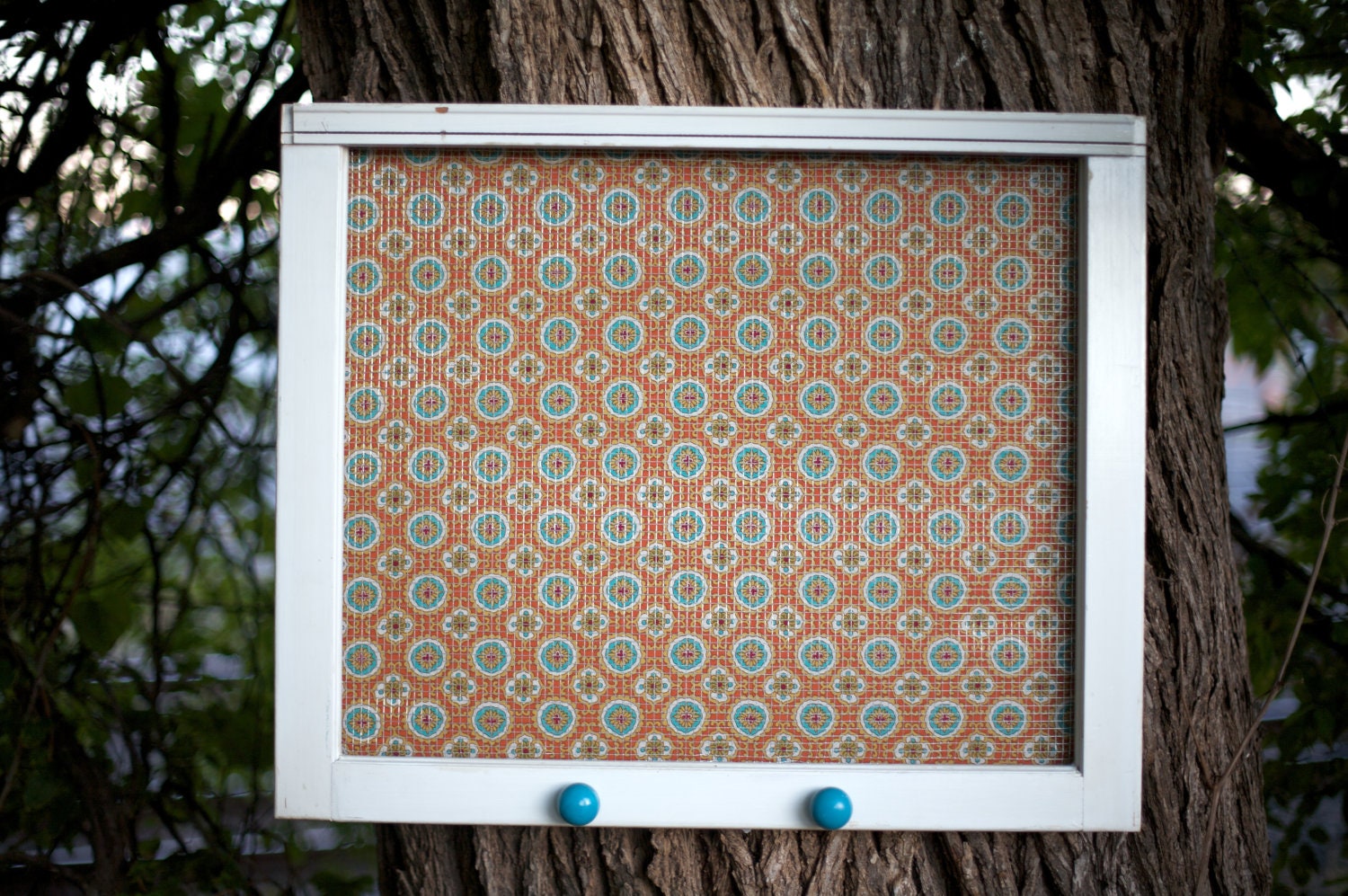 White window frame with orange blue medallion fabric custom jewelry holder- 23.5 x 28