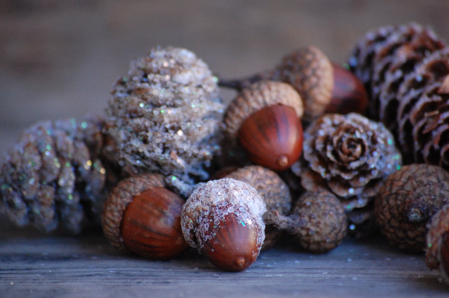 real Pine cones, real Acorns, with glitter to look lightly frosted. Birch Bark Christmas table, Winter wedding Christmas Basket Decoration