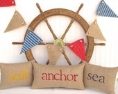 nautical decor, custom burlap pillows, sea, sail, anchor, patriotic decor, rustic red, white, blue pennant banner
