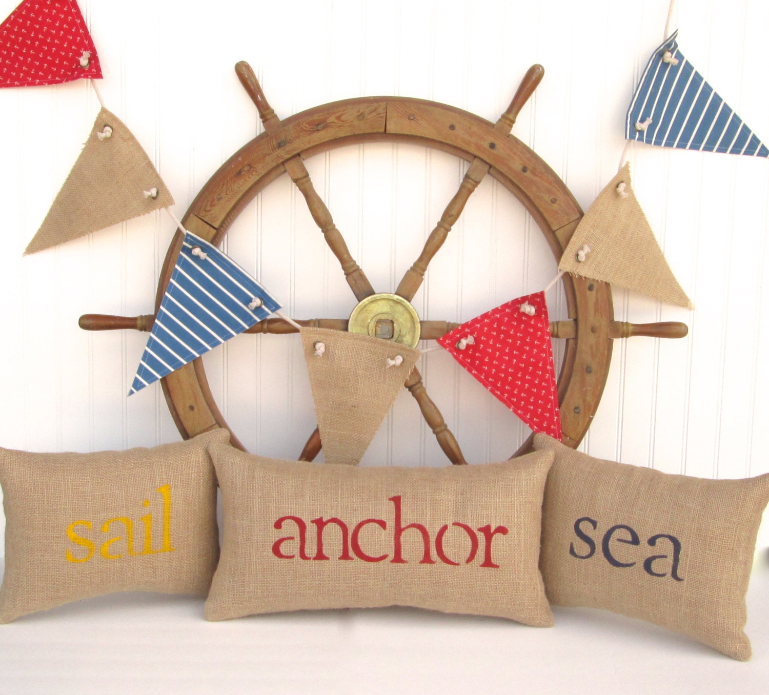 nautical decor, custom burlap pillows, sea, sail, anchor, patriotic decor, rustic red, white, blue pennant banner