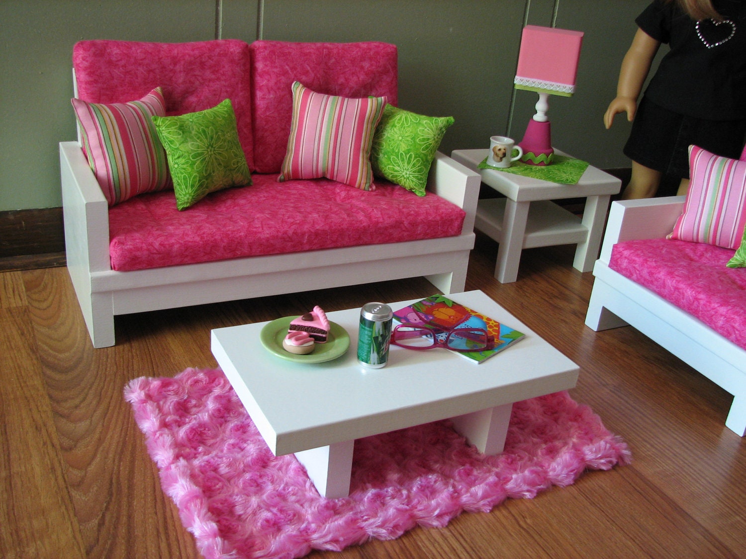 18" Doll Furniture - American Girl sized Living Room - Loveseat / Chair / Coffee Table / End Table / Lamp / Rug - LATE MAY SHIPPING