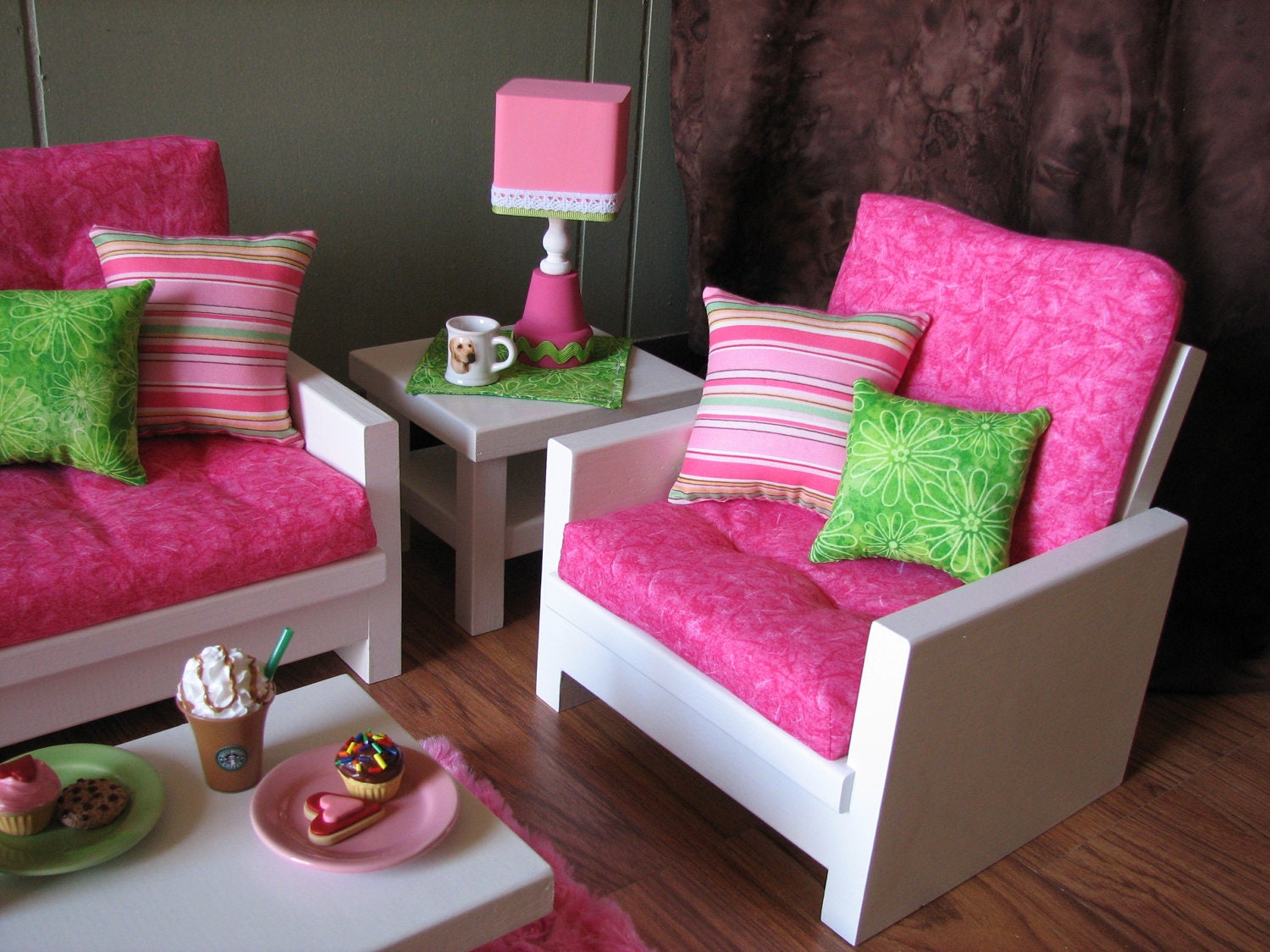 18" Doll Furniture - American Girl sized Living Room - Loveseat / Chair / Coffee Table / End Table / Lamp / Rug - LATE MAY SHIPPING