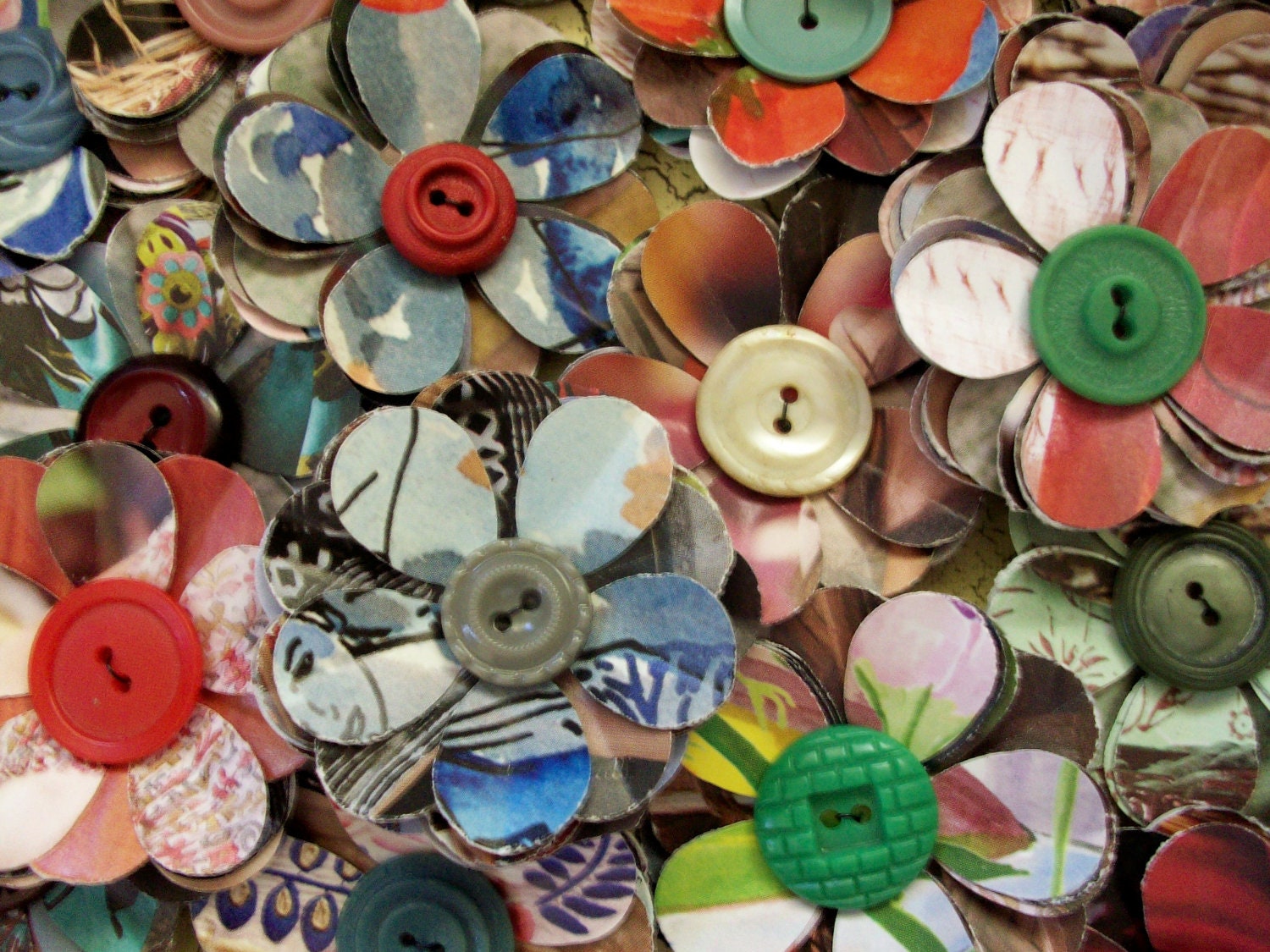 LAST SET - OOAK Repurposed Upcycled Anthropology Catalog Flowers with Vintage Buttons