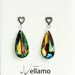 Stud earrings, filigree with marcasite and large teardrop Swarovski crystals, Vitrail, green, rainbow color