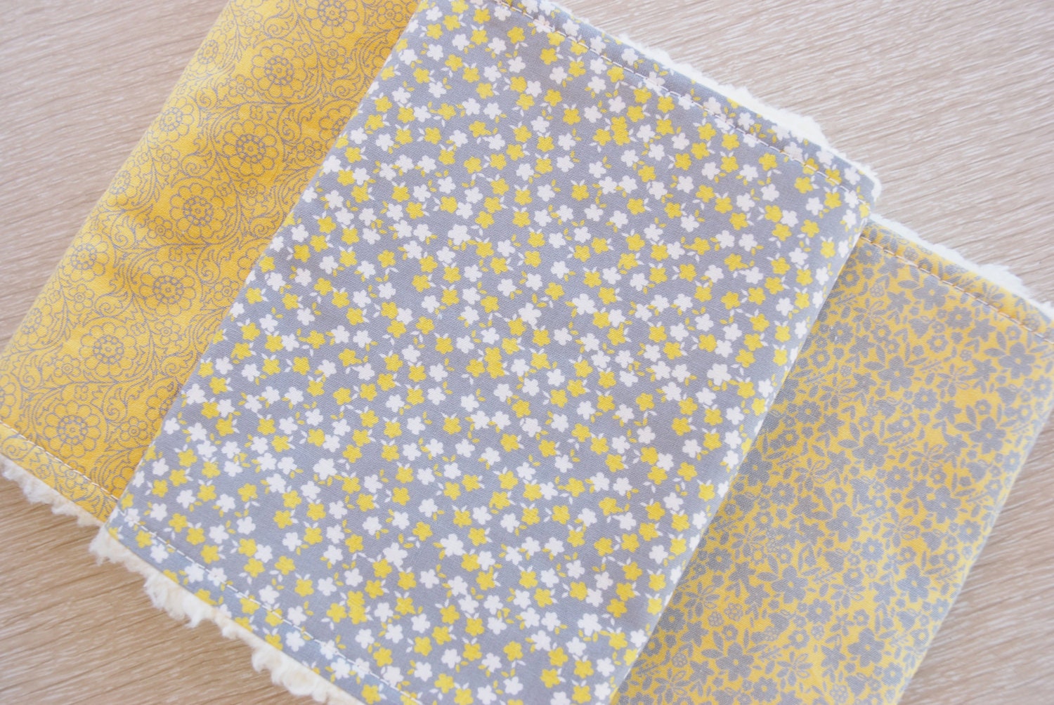 Yellow and Gray Girl Burp Cloths, Set of 3, Fleece Backed