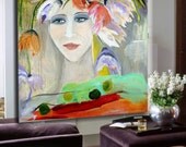 Art Painting Original painting acrylic painting large floral art flowers green painting, orange painting 36 x 48 by Cheryl Wasilow