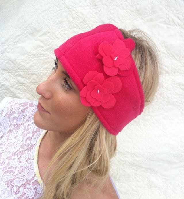 Pink Fleece Headband Ruched Ear Warmer Head band Turband Ear Warmer in Fuchsia Pink