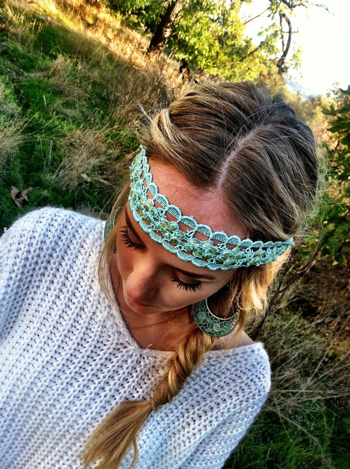Beaded and Sequined Boho Headband in Tiffany Blue with Ribbon Tie Backs - Hip To It Headband