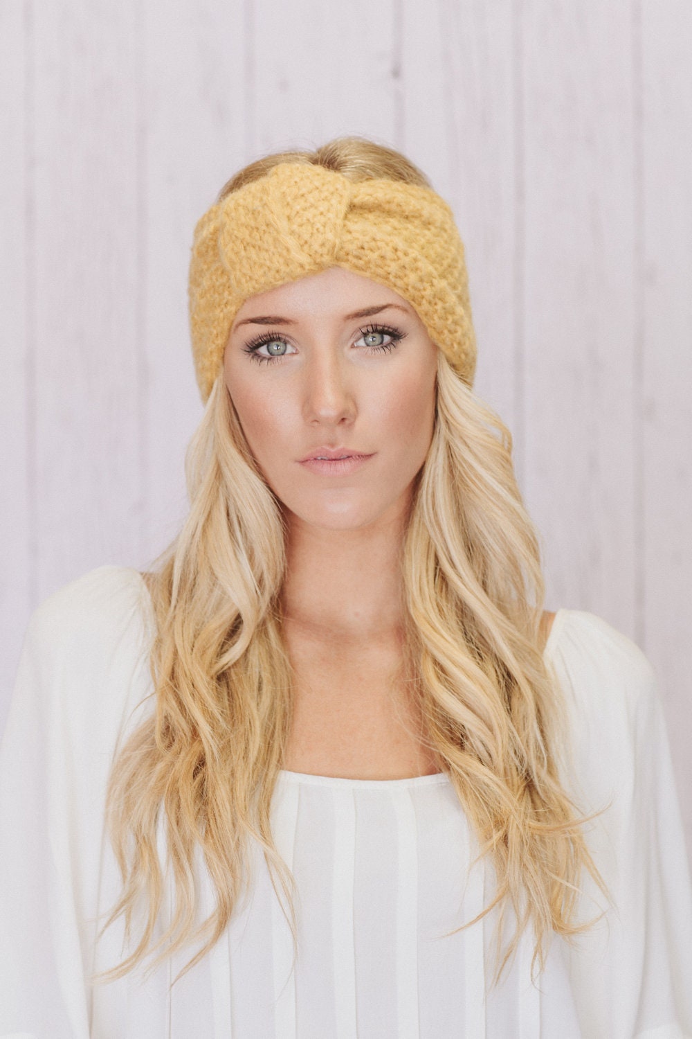 Mustard Knitted Knotted Mohair Ear Warmer Headband - Knot Just Any Ear Warmer in Mustard