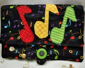 Women's Handmade Black Cotton Fabric Clutch Wallet with Appliqued Music Notes, Button Loop Closure