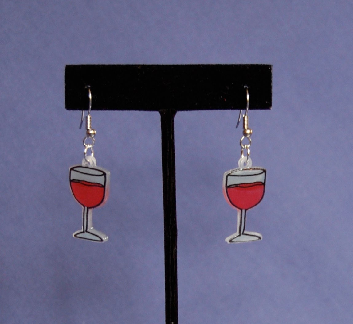 Red Wine Earrings  -  Hanging - Surgical Steel Shrinky Dink - Shrink Plastic