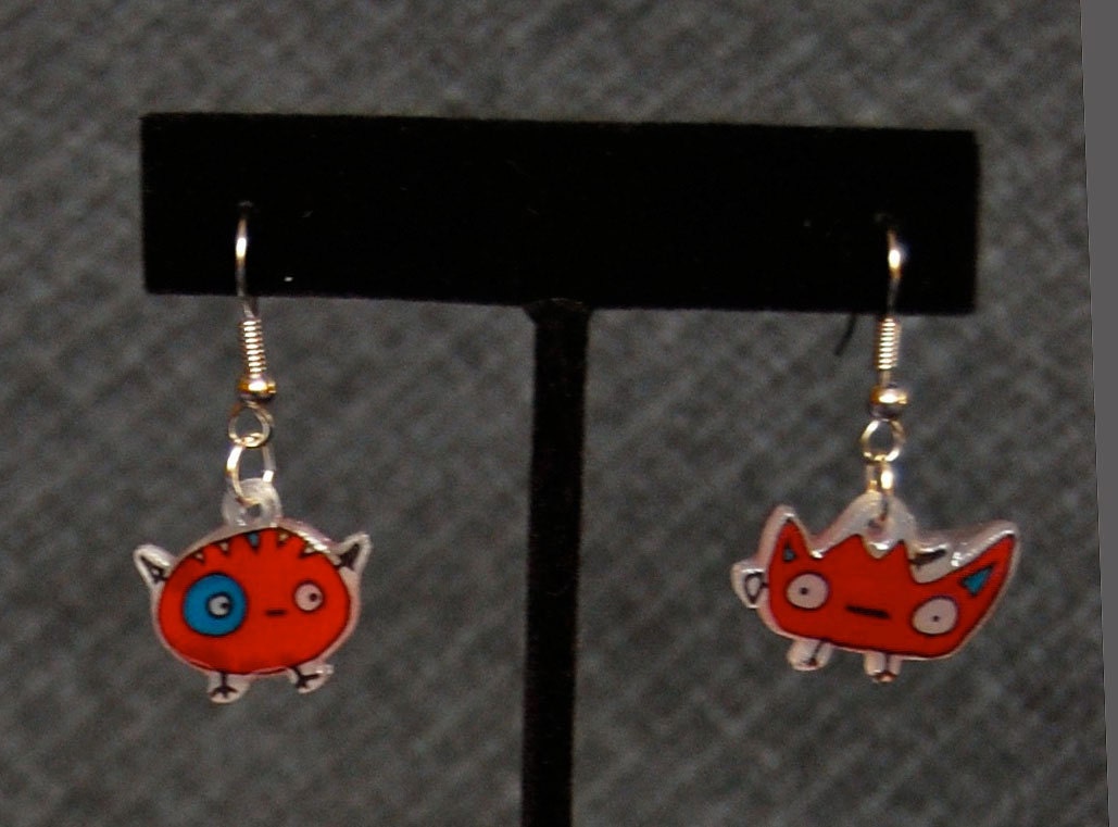 Red Monster Earrings  - Hanging Surgical Steel -  Shrinky Dink - Shrink Plastic