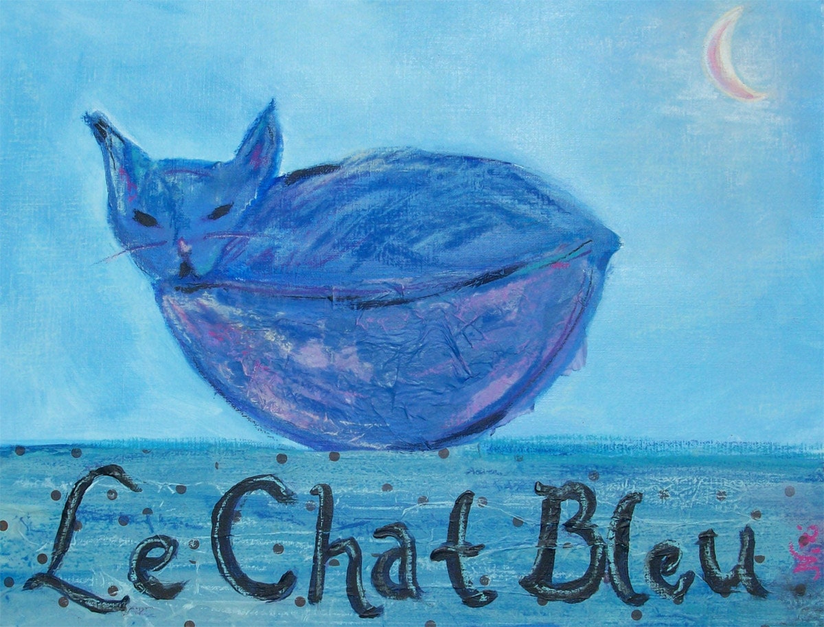 Le Chat Bleu Original Mixed Media Blue Cat Painting by Niki Hilsabeck