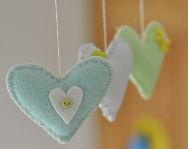 Baby mobile, green, white and mint hearts - GetaHandmadeGift