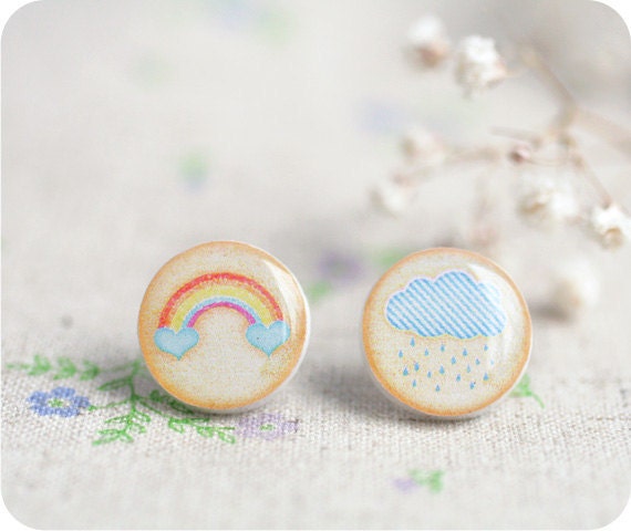Delicate little stud earrings - rainbow, cloud, rain
