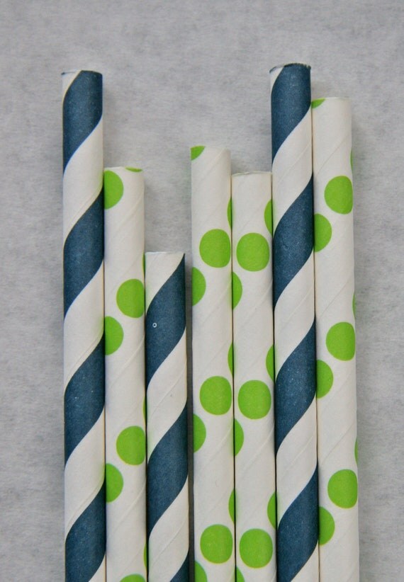 Navy Blue Paper Straws & Green Dot Paper Straws, 50 Pack, Preppy Paper Straw Mix Il_570xn