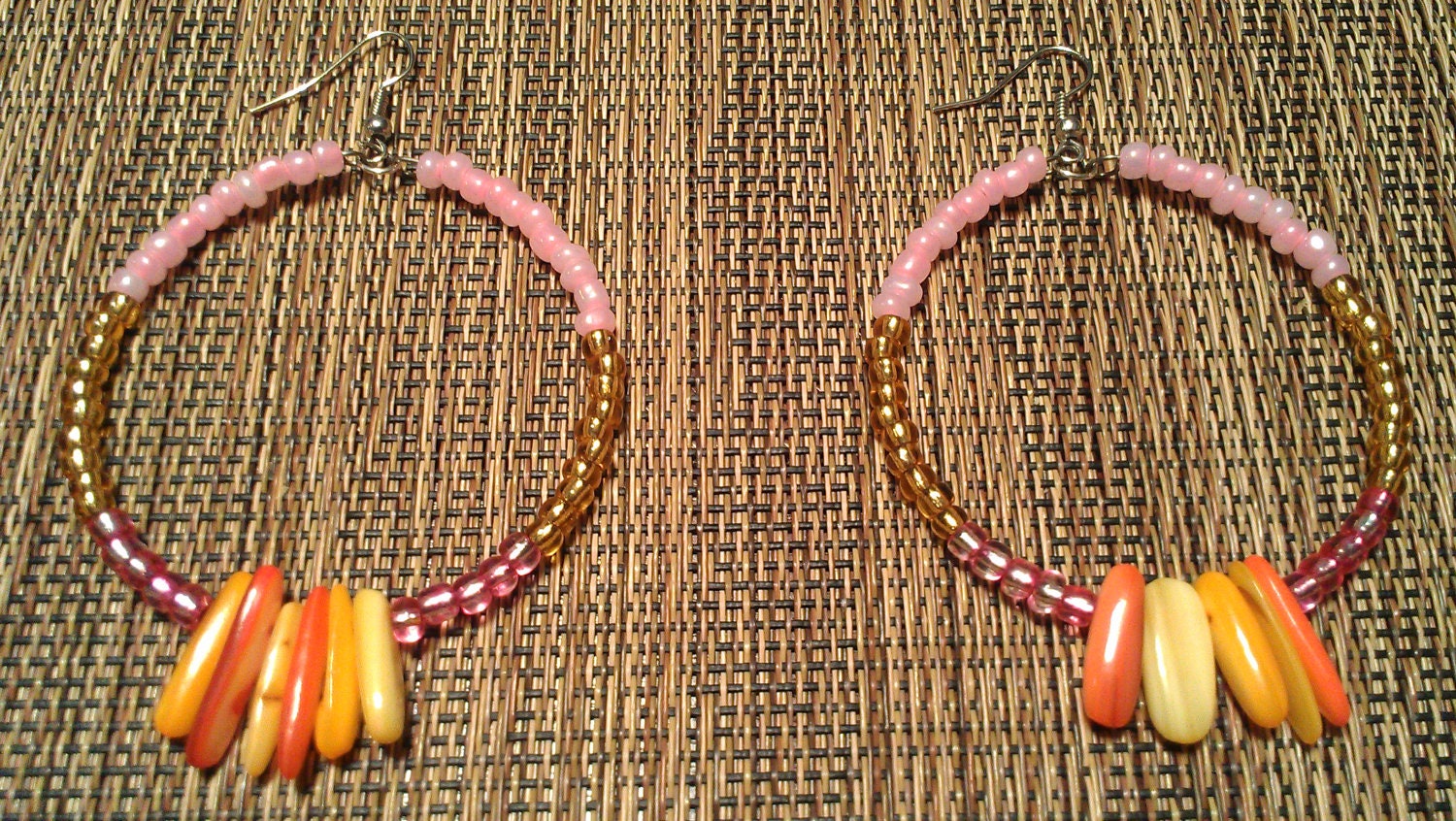Pink, Orange, and Yellow Beaded Hoop Earrings with Hanging Glass Beads: "Candy Rain"