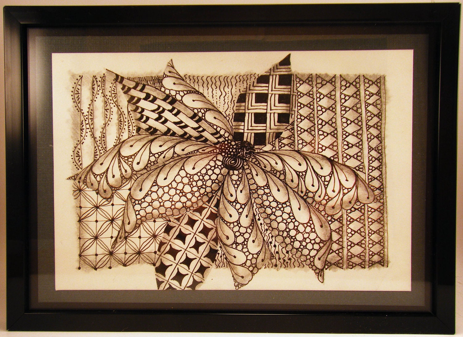 Poinsettia Flower -- Zentangle Inspired 5x7 Framed Original