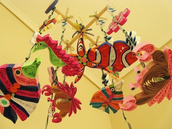Baby Mobile- Baby Girl Mobile - Coral Reef Sea Mobile - Nautical Mobile Quilled Handmade - Custom Mobile- Paper Mobile 5C