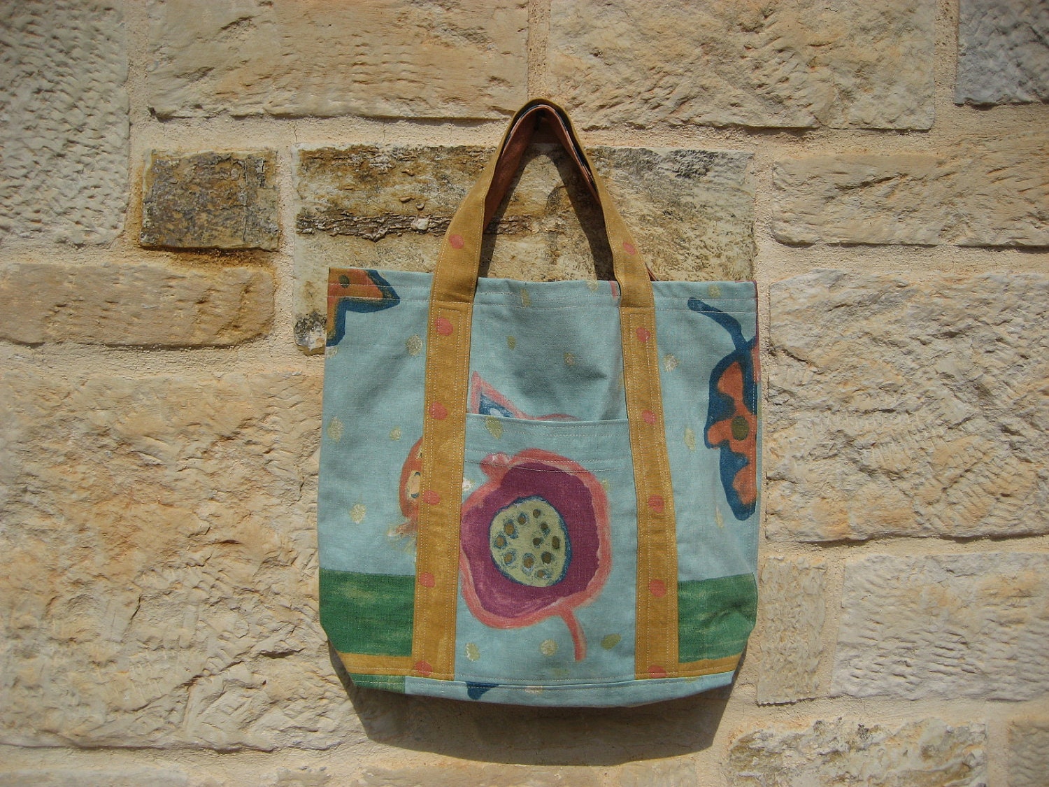 Tote bag, medium size, firm cotton, in turquoise, yellow, green, purple