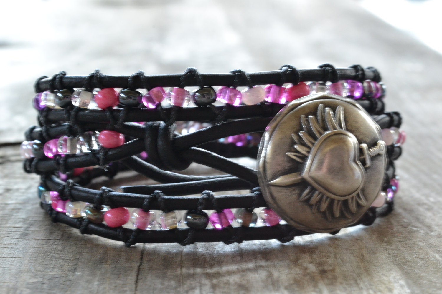 CLEARANCE Pinks, clear and gunmetal "Rocker Chic" beaded triple wrap black leather bracelet, bohemian, shabby chic