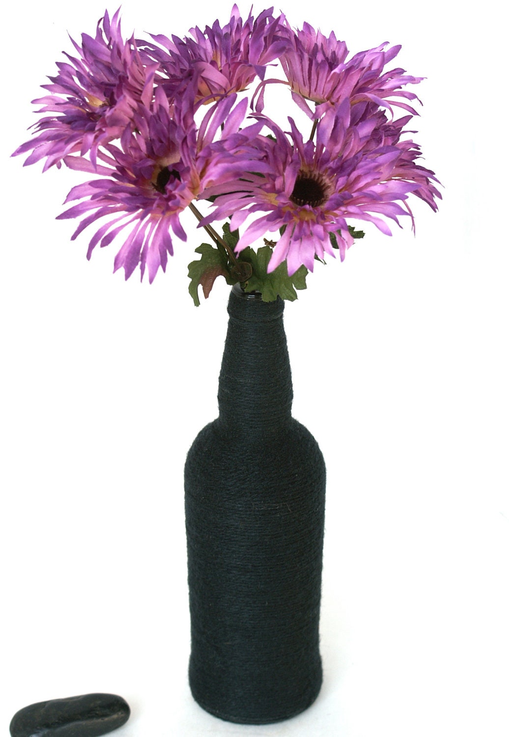 Upcycled Black Bottle Vase Wrapped with Vintage Rug Yarn