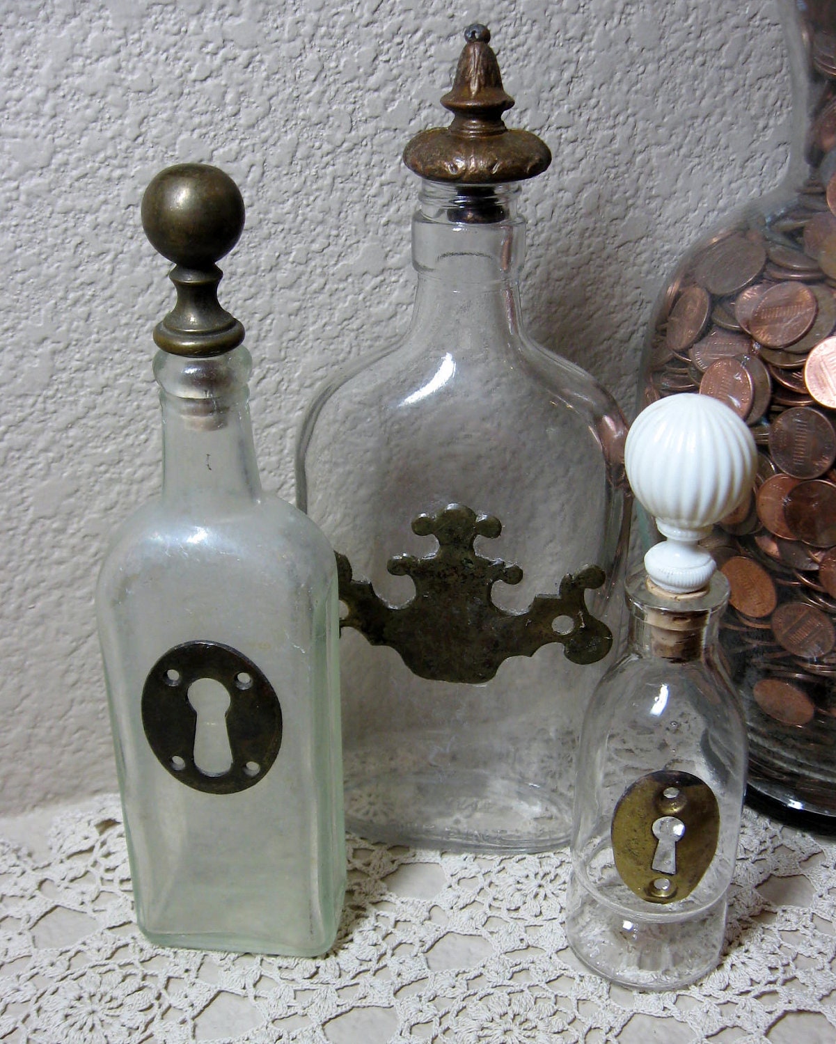 Upcycled Vintage Medicine Bottles Flask Shabby Rustic Collection Brass Stoppers