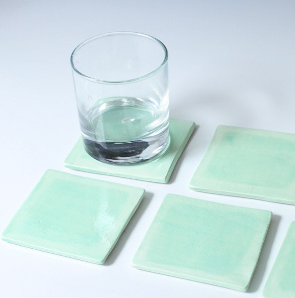 Handmade Ceramic 4 piece Turquoise Coaster Set - Hand cut and Painted in Layered effect
