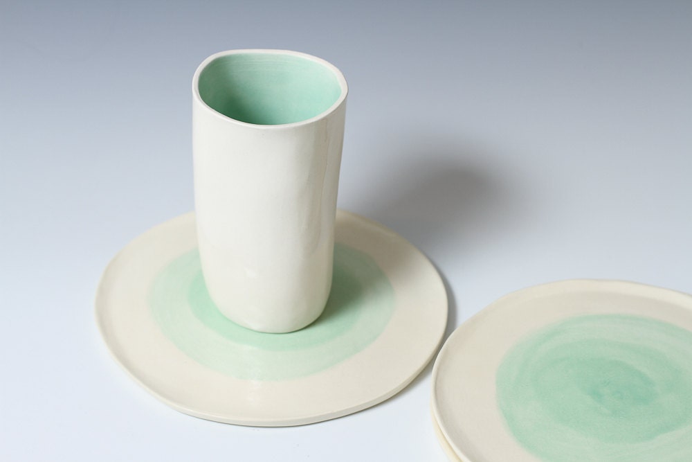 6 inch Turquoise Dot Pottery Plates - Handmade White and Turquoise Ceramic Plates - small to medium desert / side plate - ready to ship