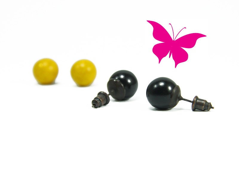 SALE 30% OFF Glitter Yellow, Black Ball Stud Earrings - Small Studs Ball Earrings - 2 Pairs Simple Modern Classic Everyday Jewelry - biesge