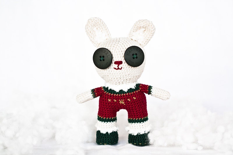 Winter Rabbit toy. Snow Bunny amigurumi. Art Doll. One of a kind handmade Doll. Stuffed Animal. Beige Red Green Gold.