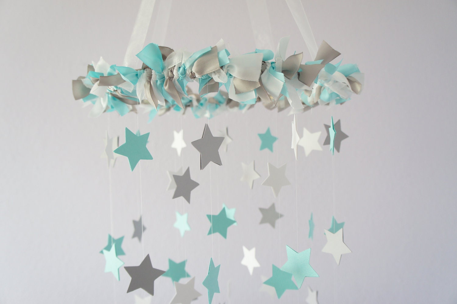 Aqua Gray Nursery Star Mobile- Baby Nursery Decor, Baby Shower Gift