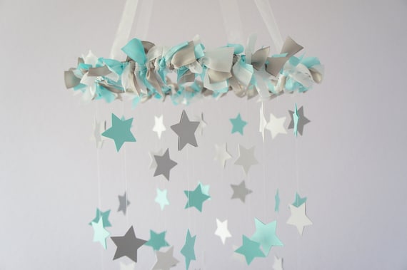 Aqua Gray Nursery Star Mobile- Baby Nursery Decor, Baby Shower Gift - LoveBugLullabies