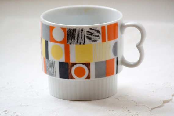 Vintage Midcentury Modern Coffee Cup Abstract Color Blocking, yellow, black, orange, gray, and white