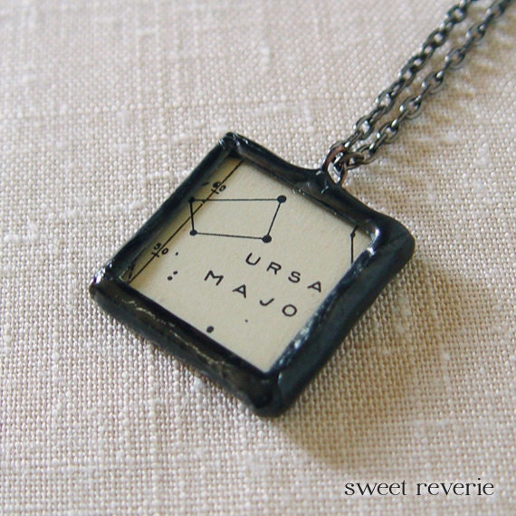 Ursa Major Constellation Necklace - Vintage Astronomy Star Illustration Ephemera Soldered Glass Pendant, Antique Pantina Black Gunmetal