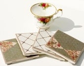 Coaster, Beverage Coasters, Ceramic Tile Coaster Houseware Victorian Style 4 x 4 -Coaster Set.  2 w/Diamond Pattern,  2 w/Green Tan and Red