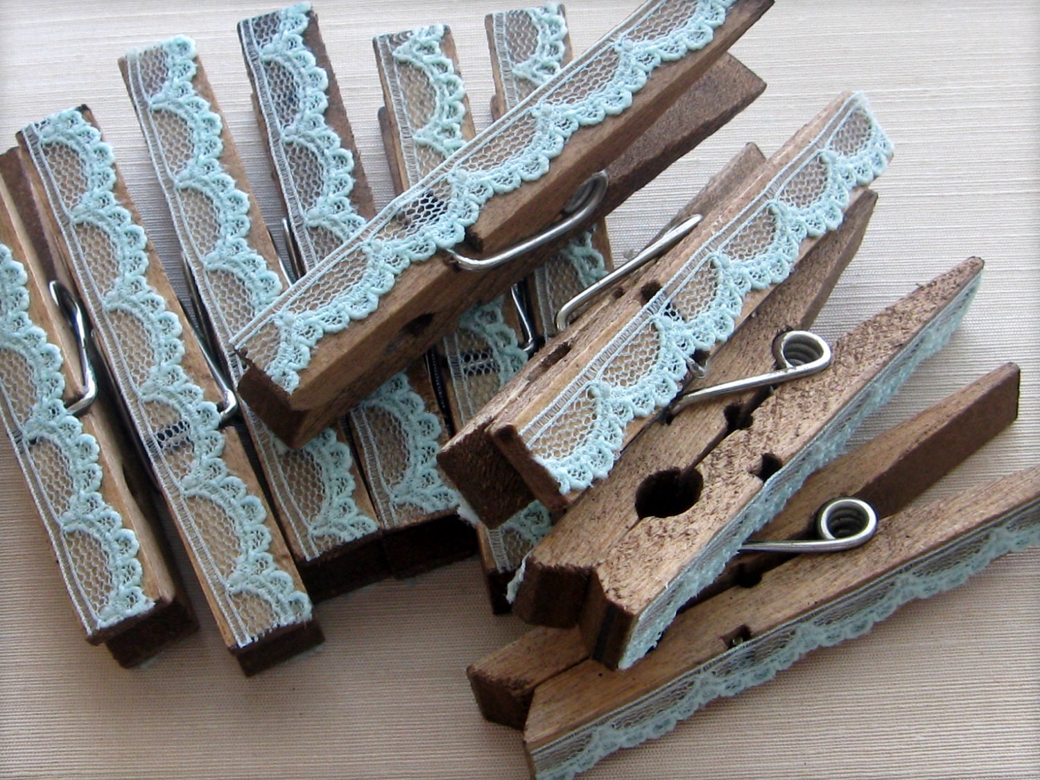 Aqua Lace-covered clothespins (10) rustic wedding favors escort card clips, distressed clothespins, cottage chic farmhouse decor