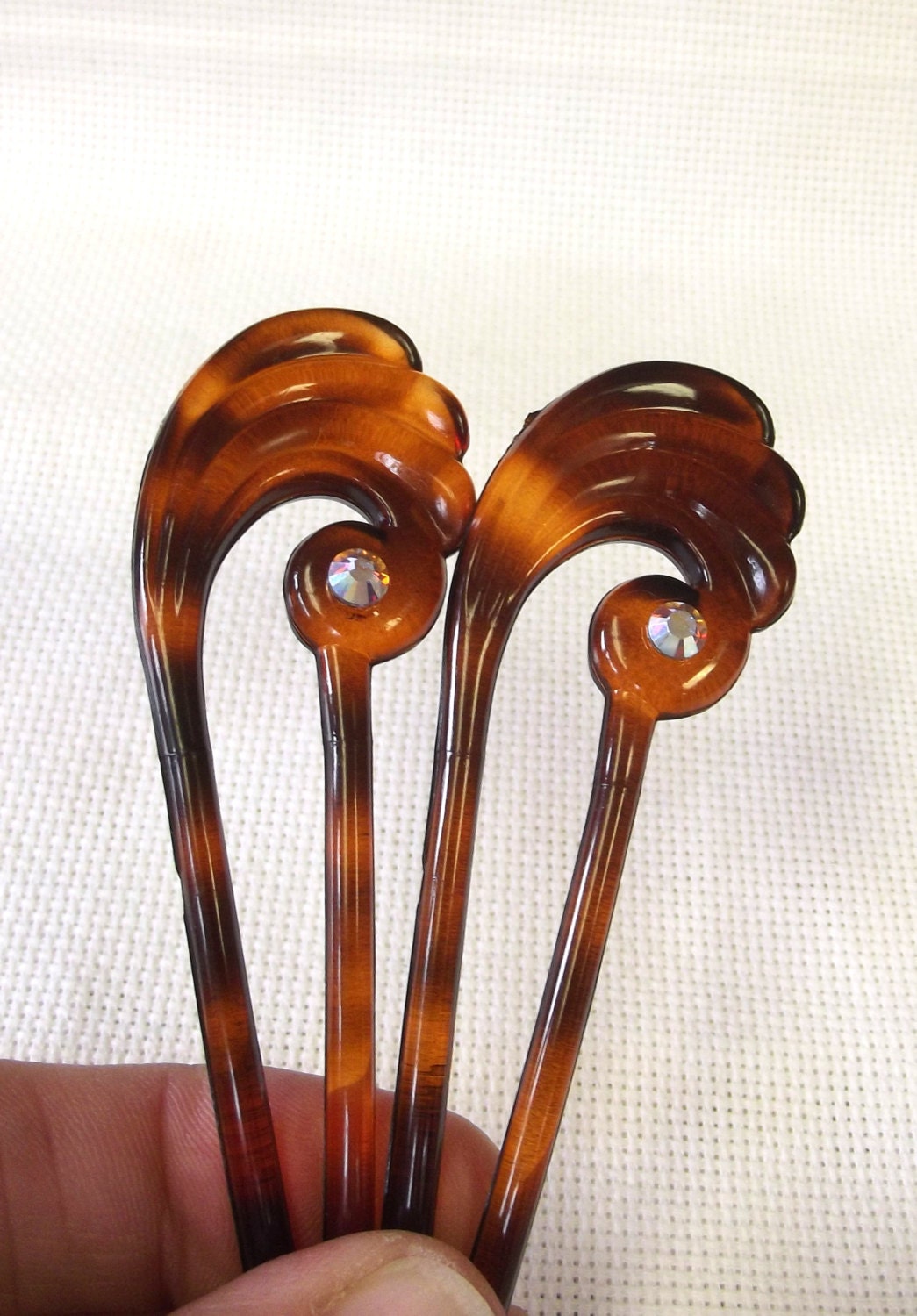 Vintage Hair Pick Set, Celluloid Hair Pins, Tortoise Shell Color, Art Deco Design, Crystal Accent, Great Gatsby Inspired