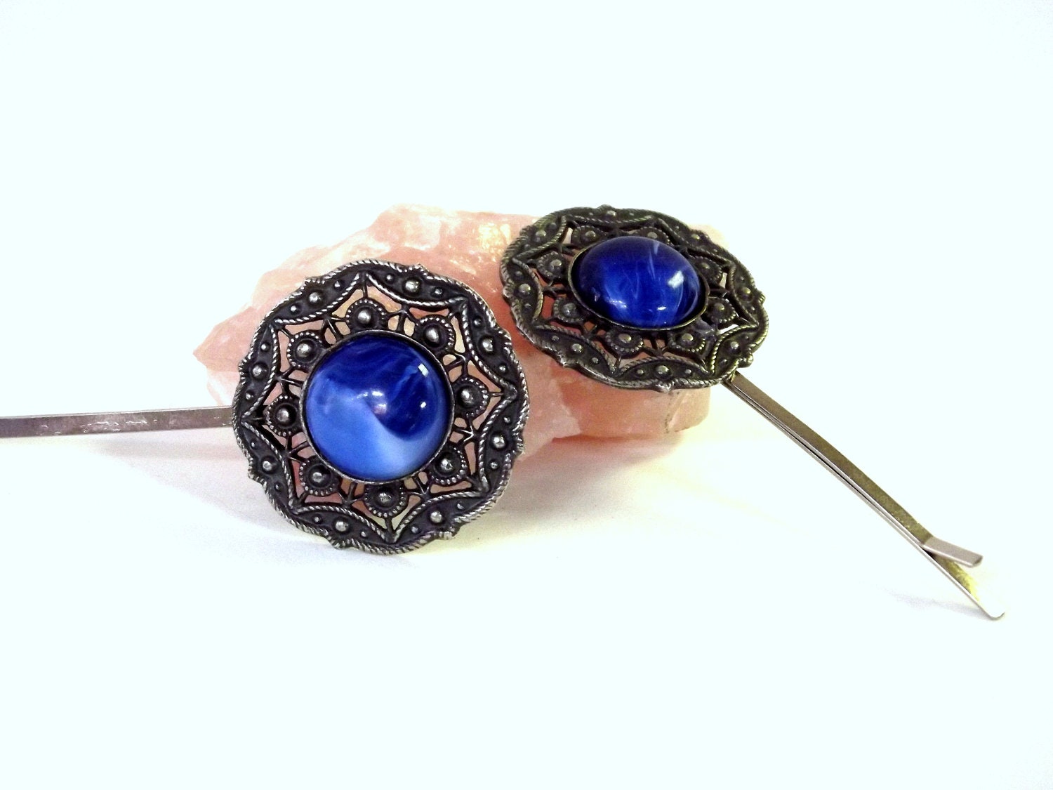 Filigree Bobby Pin Set, Blue Stone, Repurposed Vintage Earrings, Hair Jewelry, Unique Gift