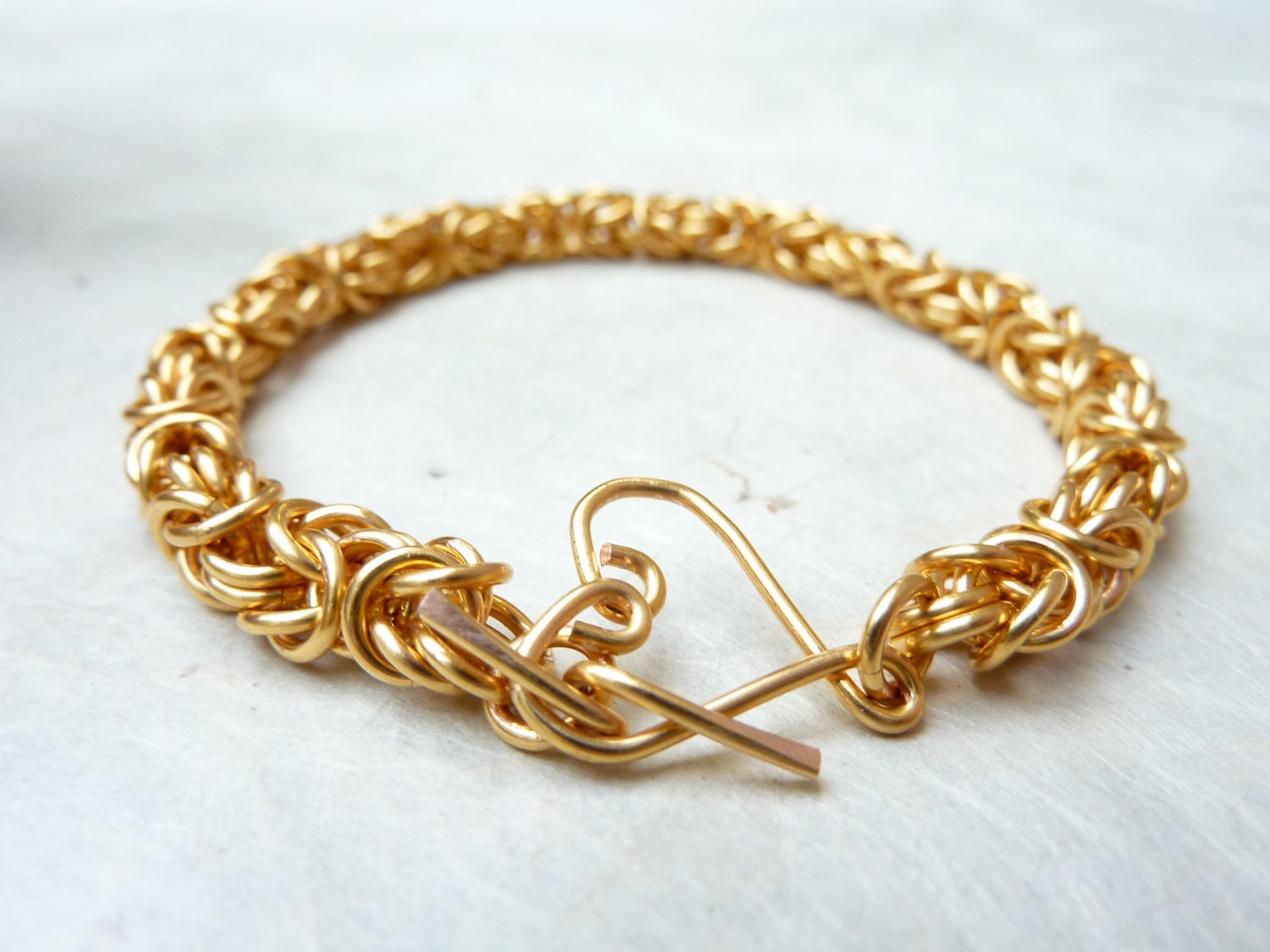 Gold Plated Chainmaille Bracelet -- Byzantine Weave with Handcrafted Heart Clasp