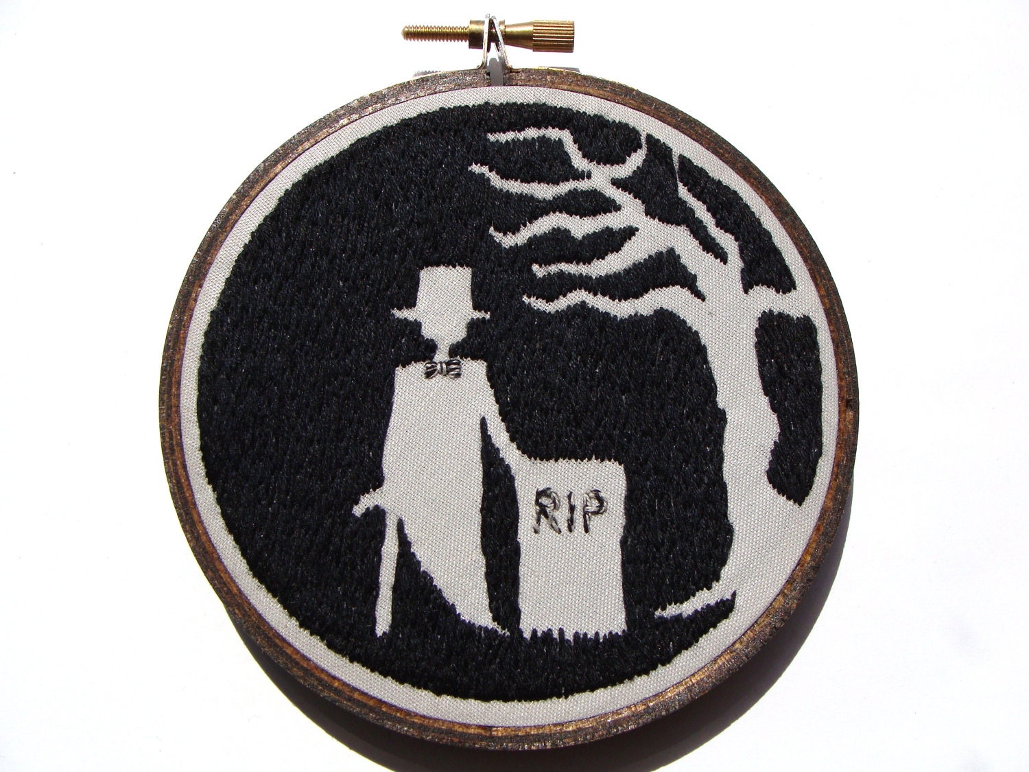 Halloween Embroidered Wall Art - Man with victorian top hat, tie, gravestone, home decor, custom work available, 4 inch stained wood hoop