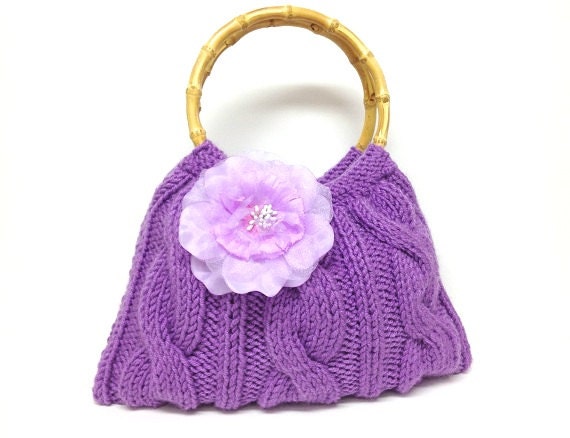 purple hand knit purse with lilac color flower bamboo bag handles Christmas, birthday gift or for you new season