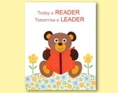SALE - Print / poster of original collage with quote - Today a reader, tomorrow a leader - illustration of teddy bear reading book