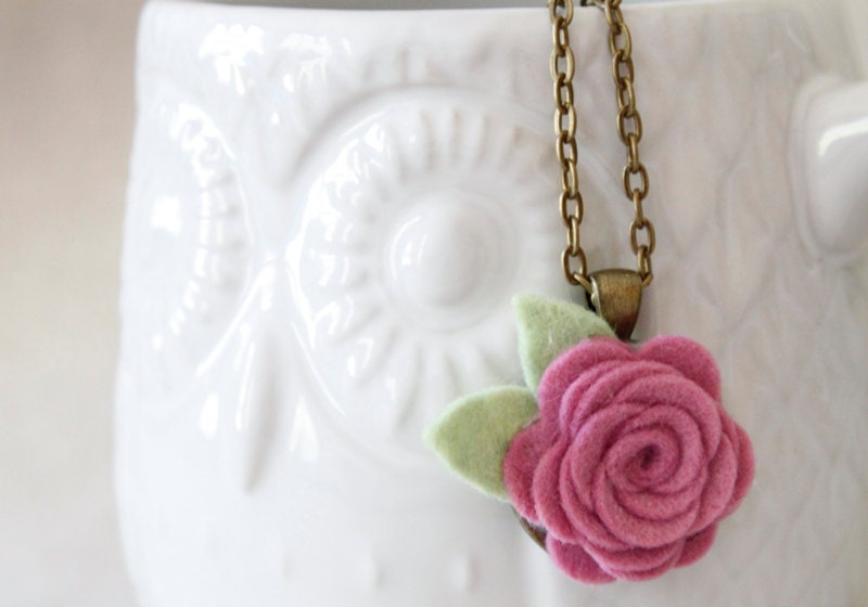 Antique Pink Rose Pendant Necklace, Felt Flower, Rose Necklace