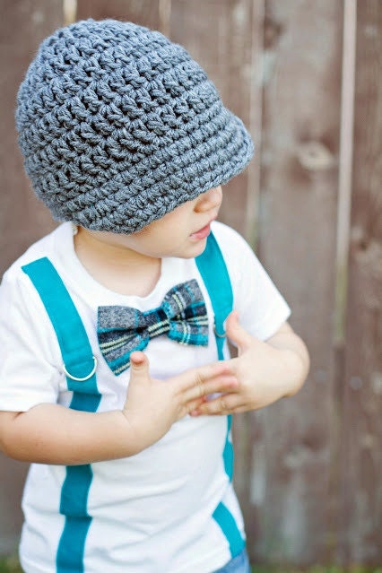 GET THE SET - Baby Boy Bow Tie Onesie or Shirt with Suspenders and Crocheted Hat