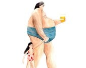 On The Beach VI. Watercolor Illustration Print Father Daughter Girl Swimsuit Pink Blue Heart Beer Summer Ocean Sea