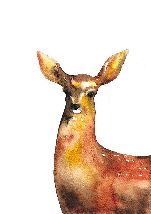 Woodland Wall Decor Deer Watercolor Illustration Print Animal Brown
