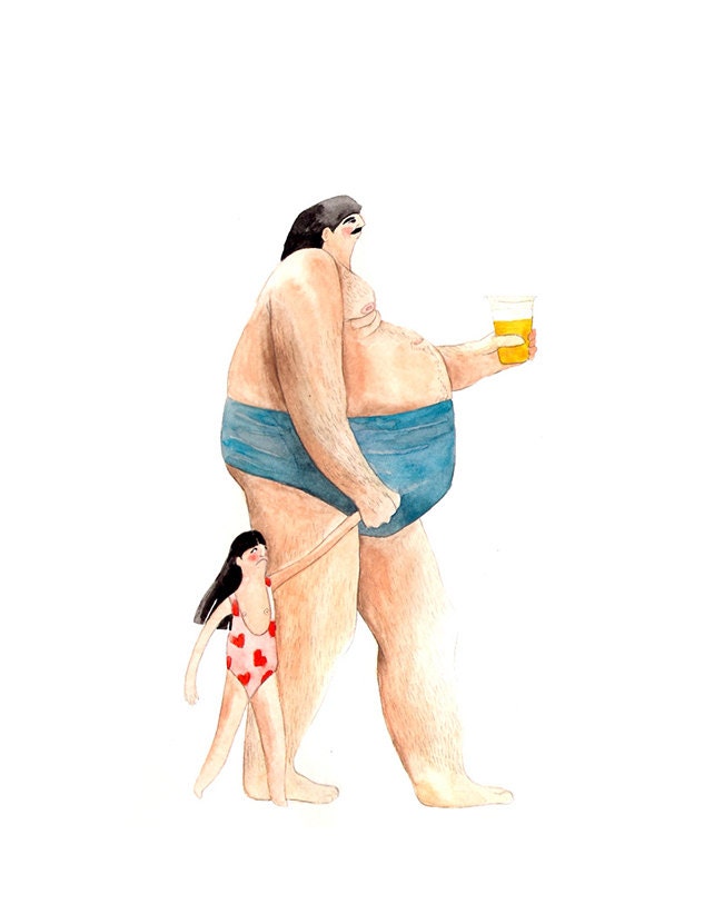 On The Beach VI. Watercolor Illustration Print Father Daughter Girl Swimsuit Pink Blue Heart Beer Summer Ocean Sea